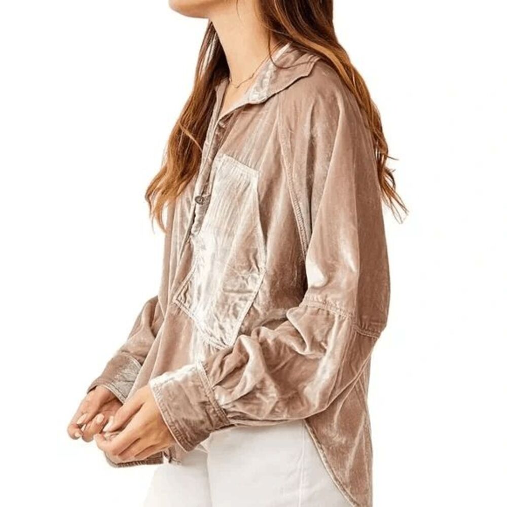 Free People Night Skies Velvet Top Medium Mushroom Button Down Oversized - Picture 2 of 10